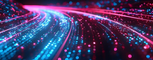 Obraz premium Abstract background with neon light and digital data stream in motion on a dark black background. Digital technology concept