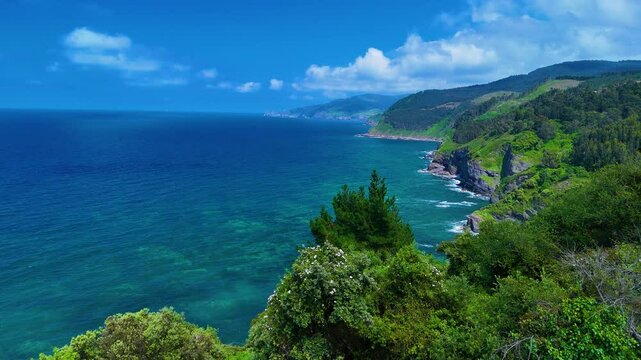 Coastal landscape in the surroundings of the abandoned Lemoniz Nuclear Power Plant. Aerial view from a drone. Lemoniz. Vizcaya. Basque Country. Spain. Europe