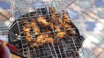 Juicy Marinated Meat Skewers and Grilling on Charcoal BBQ - Perfect Outdoor Cooking