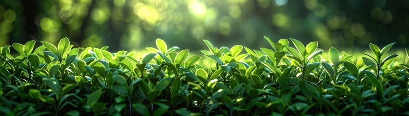 Obraz premium Close-up of lush green leaves with sunlight filtering through trees in the background, creating a serene and tranquil natural scene.