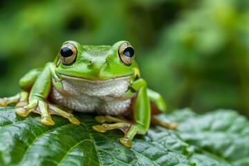 Green Frog Sitting on Leaf