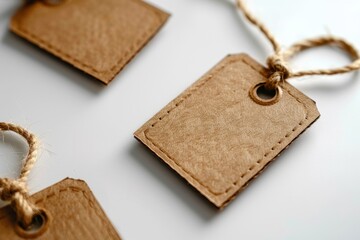 Close-up of blank brown paper tags with strings, perfect for labeling, gift wrapping, or crafting projects, against a white background.