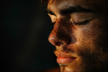 Young Man with Freckles and Closed Eyes in Dramatic Lighting