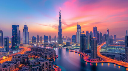 Illustration, view of Dubai from its Burj Khalifa, unusual light against the city's background, cinematic effect, unusual town of the United Arab Emirates.