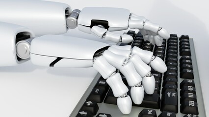 Naklejka premium 3d rendering of a robotic hand with articulated fingers swiftly types on a computer keyboard.
