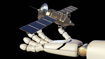 3d rendering of a robotic hand with a floating satellite