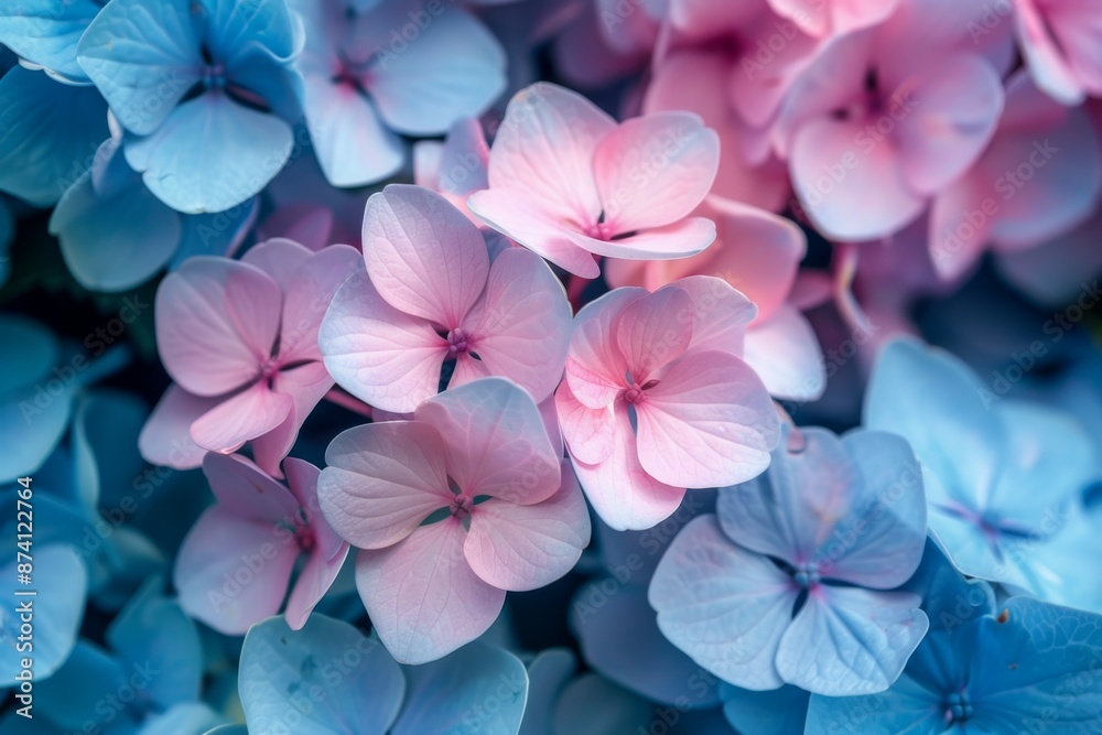 Poster Pink and Blue Hydrangeas Close-Up