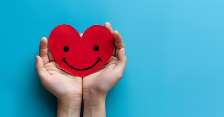 Holding a red heart with a smiley face on a blue background, from a top view. A concept of love and care