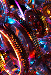 Fototapeta premium A visually captivating shot featuring an array of shiny metal gears in various sizes, illuminated by vibrant neon lights, showcasing industrial elements and futuristic aesthetics