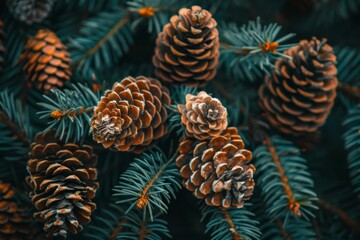 Fototapeta premium Pine Cones on Evergreen Tree