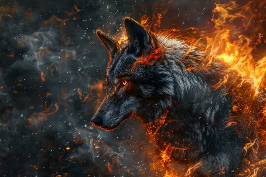 Majestic digital art of a wolf engulfed in vibrant flames, symbolizing strength and wild spirit