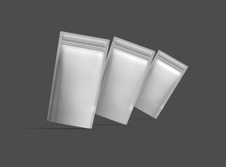 3D render of a glossy generic, narrow doypack packaging with a zipper on a dark background