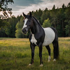 Obraz premium A black and white horse is standing in a field with trees in the background
