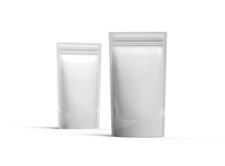 3D render of a glossy generic, narrow doypack packaging with a zipper on a transparent background