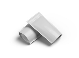 3D render of a glossy generic, narrow doypack packaging with a zipper on a transparent background