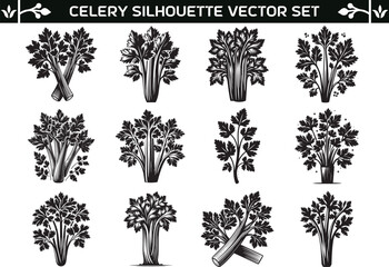 Fototapeta premium Celery leaf silhouette vector illustration set