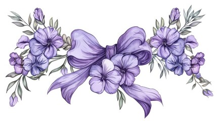 Hand drawn watercolor purple flowers in a floral arrangement with a bow isolated on a white background