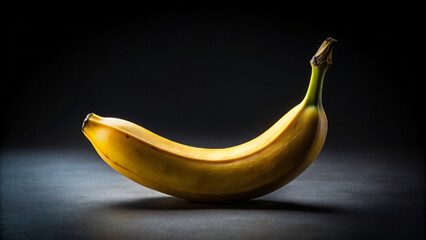 A bright yellow banana sits isolated against a black background