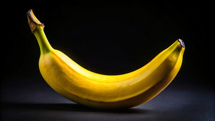 A bright yellow banana sits isolated against a black background