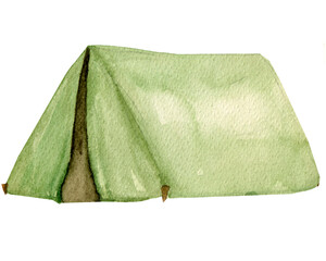 Watercolor illustration, green traveler's tent isolated on white background. Element for various products, camping, cards, etc.