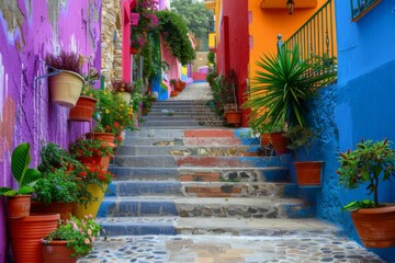 Colorful Mediterranean Alley with Plants and Steps