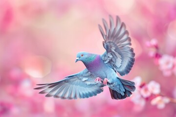 Obraz premium Pigeon in Flight with Cherry Blossoms