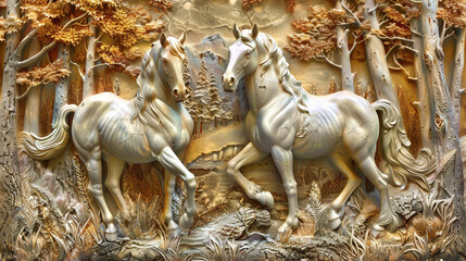 3D relief two horse in forest wallpaper with intricate details and elegant design and Mural wallpaper.