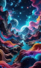 Obraz premium Abstract Alien Landscape with Planets and River.