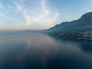 Aerial landscape. Morning foggy sunrise on the Adriatic coast in Croatia, Makarska