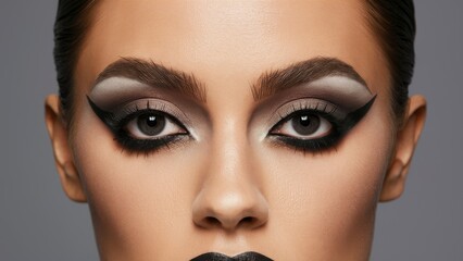Fototapeta premium Close-up a eye makeup look in a realistic style. The model's eyes are dramatically highlighted with blend of grey and brown shades. Applied eyeliner expertly accentuating the eyes.