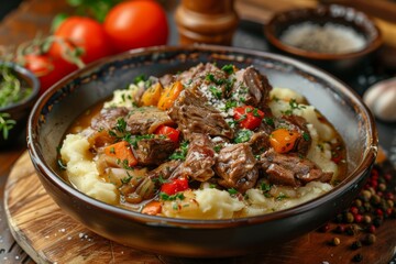 Hearty Beef Stew with Vegetables over Mashed Potatoes