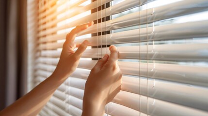 Hands adjusting clean window blinds, with focus on the blinds and the light streaming through