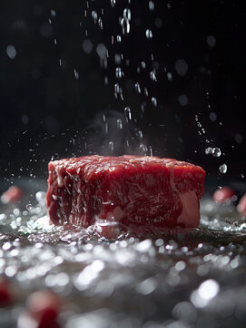 A succulent raw steak with seasoning, poised against a stark black backdrop