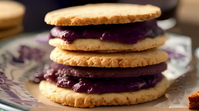 A closeup shot of a foraged berry jam smothered between two layers of a homemade buttery shortbread cookie.