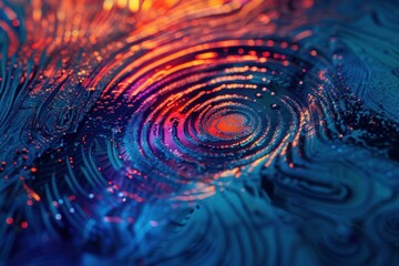 Colorful and vibrant abstract spiral artwork with blue and orange tones in a hypnotic concentric pattern on a textured background, creating a vivid and dynamic modern design