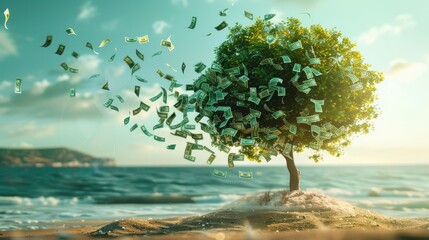 Tree with banknotes sprouting as leaves near a sandy beach, evoking financial success and coastal growth