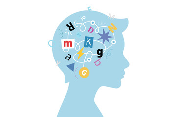 Adobe IDyslexia. Boys head and floating tangled letters in her head. Letters and symbols mess. Education, learning to speak and read correctly. Minimalist vector illustration. Isolatllustrator Artwork