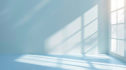 Obraz premium Minimalistic abstract light blue background designed for product presentations, featuring sunny light and intricate shadows on a wall. This aesthetic creates a serene and elegant setting.