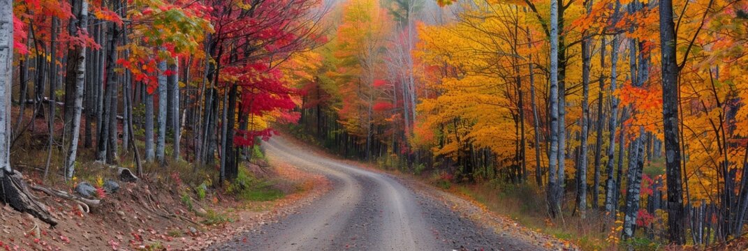 Autumnal Forest Road - A winding dirt road through a beautiful forest during the autumn season. The trees are ablaze with vibrant colors of red, yellow, and orange. - A winding dirt road through a bea