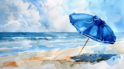 Blue Umbrella on a Sandy Beach - A watercolor painting of a blue beach umbrella on a sandy beach. The ocean is in the background with blue sky and clouds. - A watercolor painting of a blue beach umbre