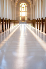 Fototapeta premium Sunlight streams through the stained glass window of an empty church, casting a warm glow down the aisle towards the altar, symbolizing hope, faith, and spiritual sanctuary.