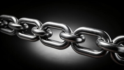 Close-up of a strong, silver metal chain link with a focus on its security and connection