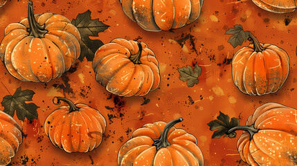 Vintage style of pumpkins and autumn leaves. - Seamless tile. Endless and repeat print.