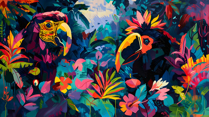 Tropical Toucans in Lush Jungle Illustration