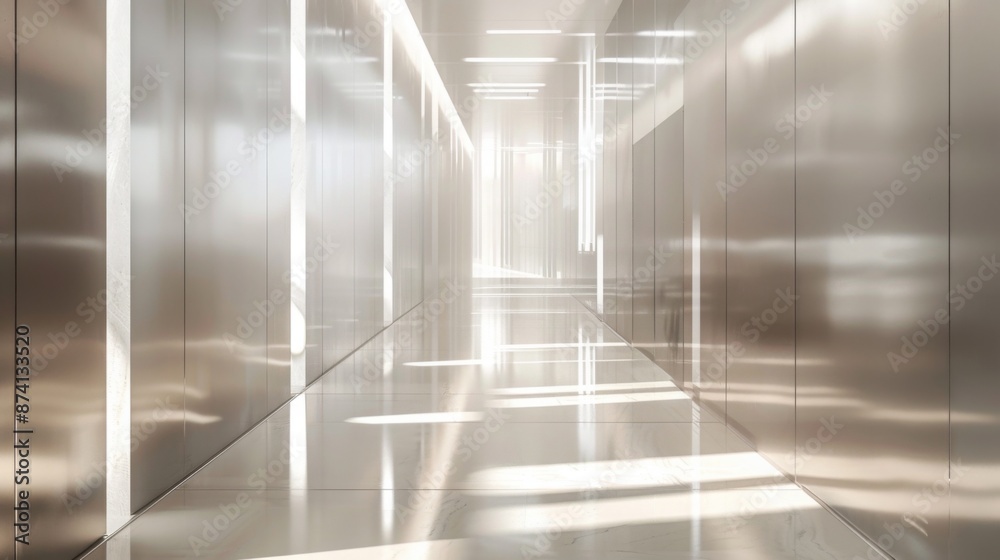 Poster an empty hallway with reflective walls and a bright, white ceiling. the floor is shiny and reflects 