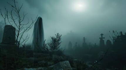 Ghostly Figure in Foggy Graveyard - A solitary ghostly figure stands amidst a foggy graveyard, shrouded in an eerie mist. Tombstones and crosses rise from the ground, creating a haunting and mysteriou