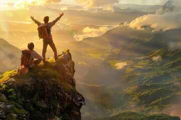 Obraz premium Two Hikers Rejoicing on a Mountain Cliff with Stunning Sunset Views