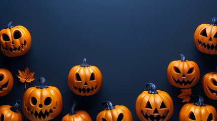 Halloween Pumpkin Decoration - A collection of carved pumpkins with scary faces arranged against a dark blue background for Halloween. - A collection of carved pumpkins with scary faces arranged again