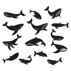 set of silhouettes of whale on white	