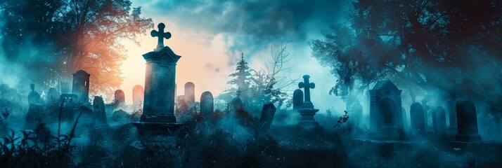 Mysterious Graveyard in the Mist - A spooky and mysterious graveyard with tombstones silhouetted against a fog-filled sky, a sense of peace and serenity with a hint of the unknown. - A spooky and myst